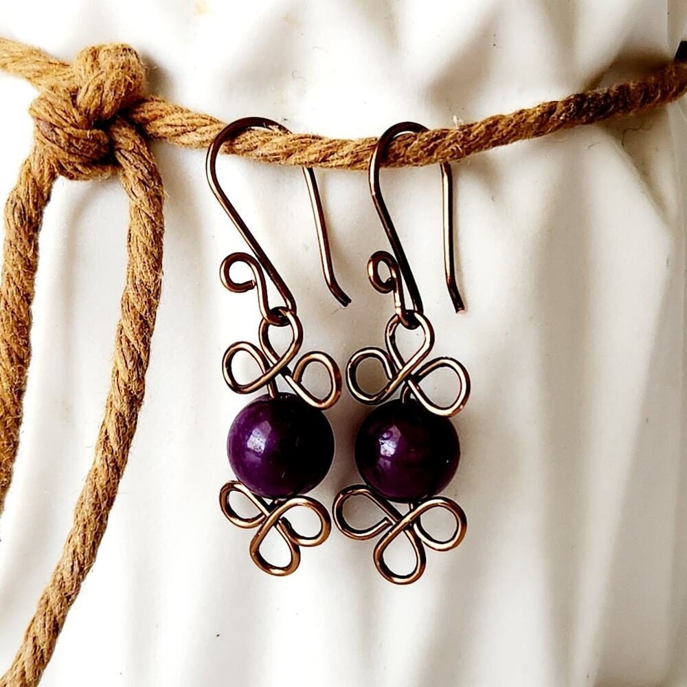 Purple Dyed Quartz Stone Beads Copper Wire Wrap Drop Earrings